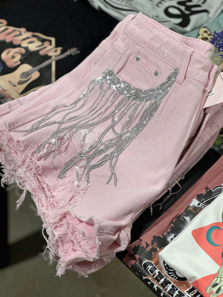 Dolly pink fringe shorts